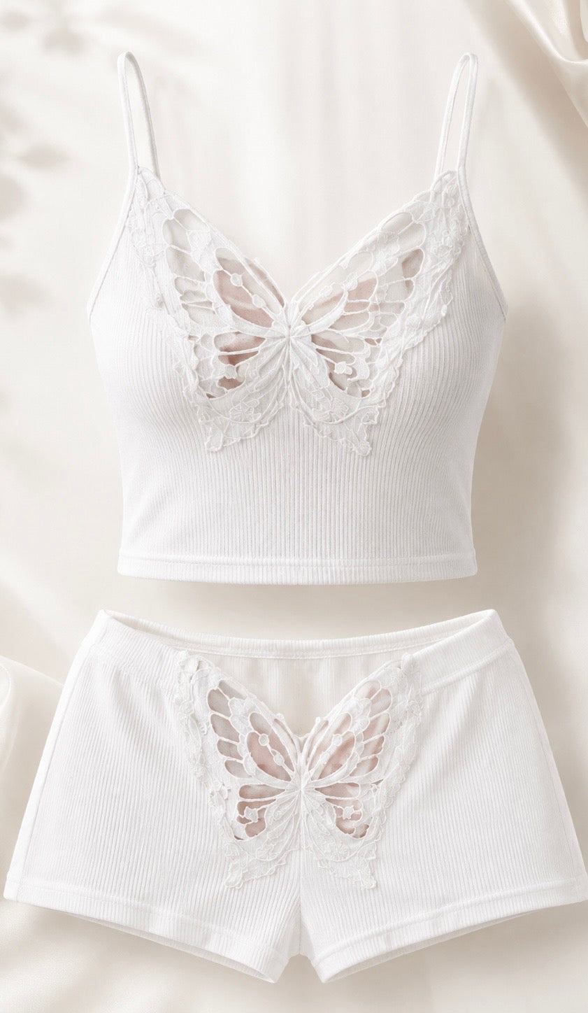 Ensemble pyjama femme blanc en dentelle – top et short