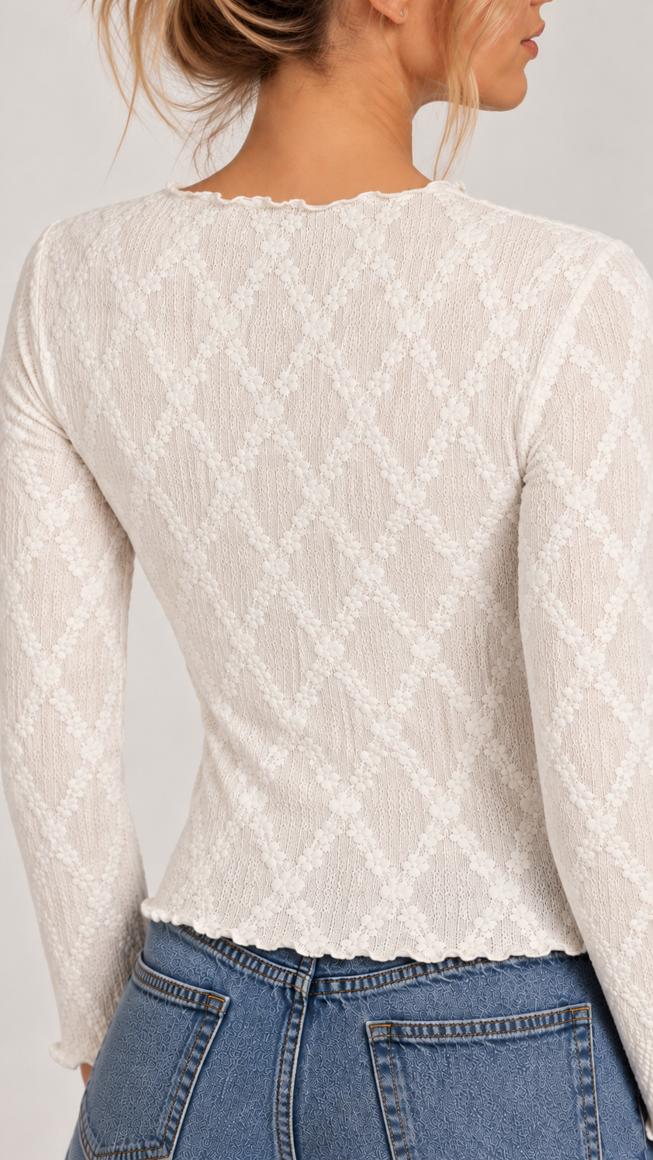 Haut femme texturé Rose Héritage à manches longues – vue silhouette – Gilles de Beaumont