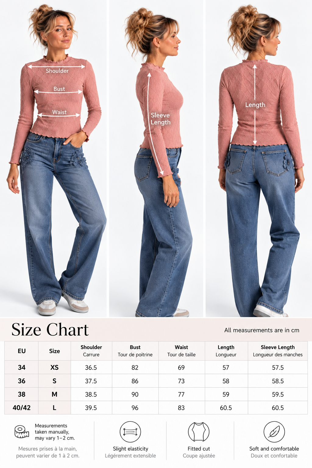 Haut femme texturé Rose Héritage à manches longues – vue produit – Gilles de Beaumont