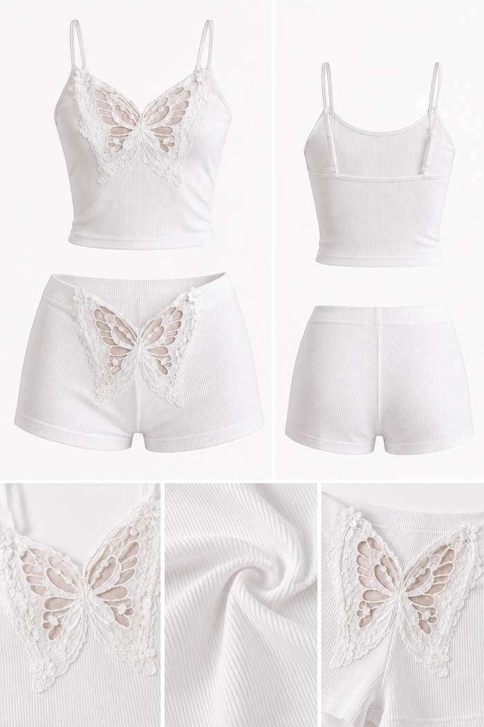Pyjama femme blanc 2 pièces – détails en dentelle