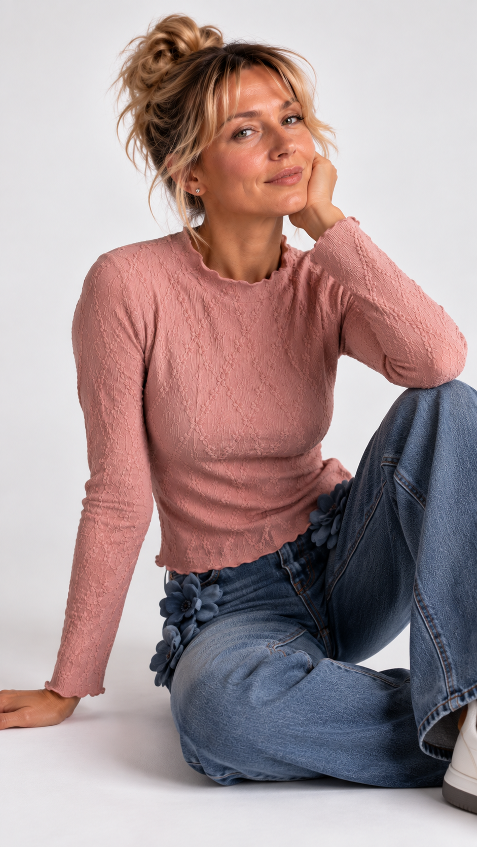 Haut femme texturé Rose Héritage à manches longues – vue face – Gilles de Beaumont