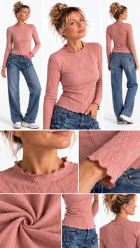 Haut femme texturé Rose Héritage à manches longues – vue silhouette – Gilles de Beaumont