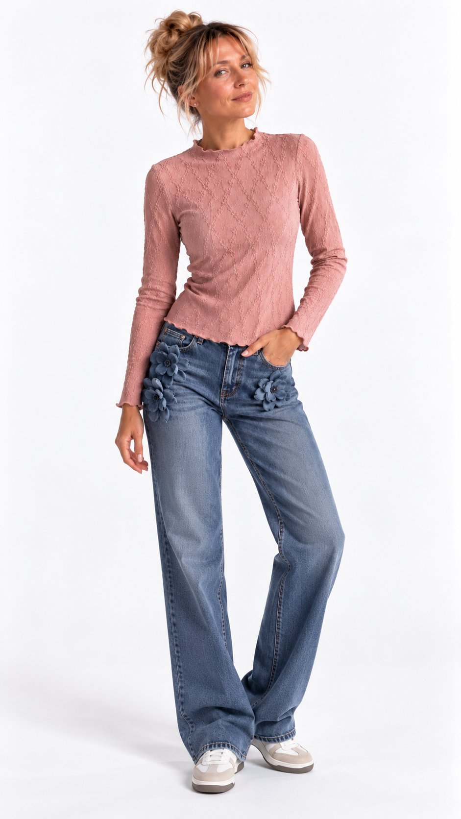 Haut femme texturé Rose Héritage à manches longues – vue mode – Gilles de Beaumont