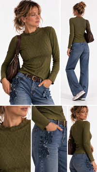 Haut femme texturé Rose Héritage à manches longues – détail col – Gilles de Beaumont