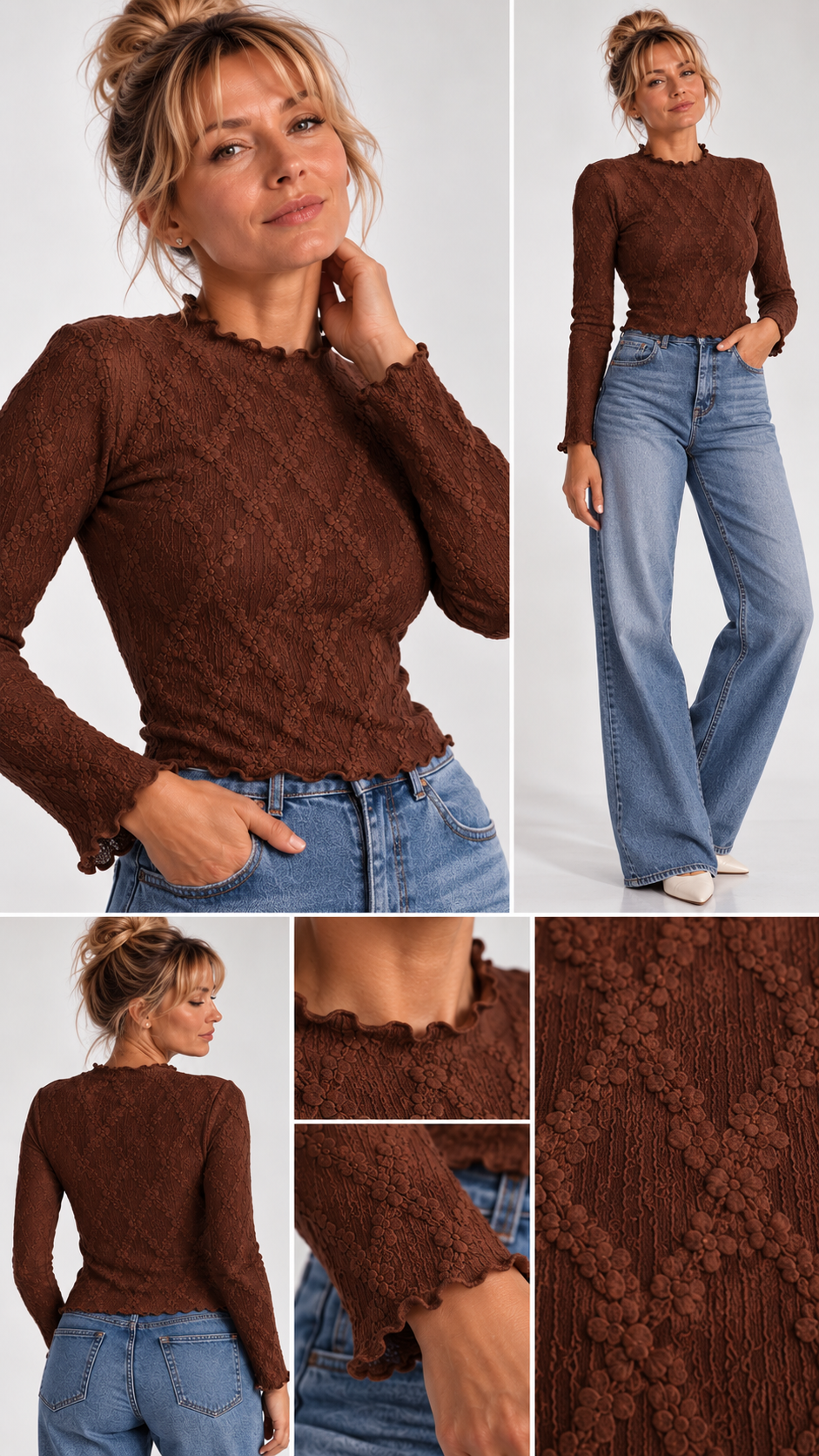 Haut femme texturé Rose Héritage à manches longues – vue portée – Gilles de Beaumont