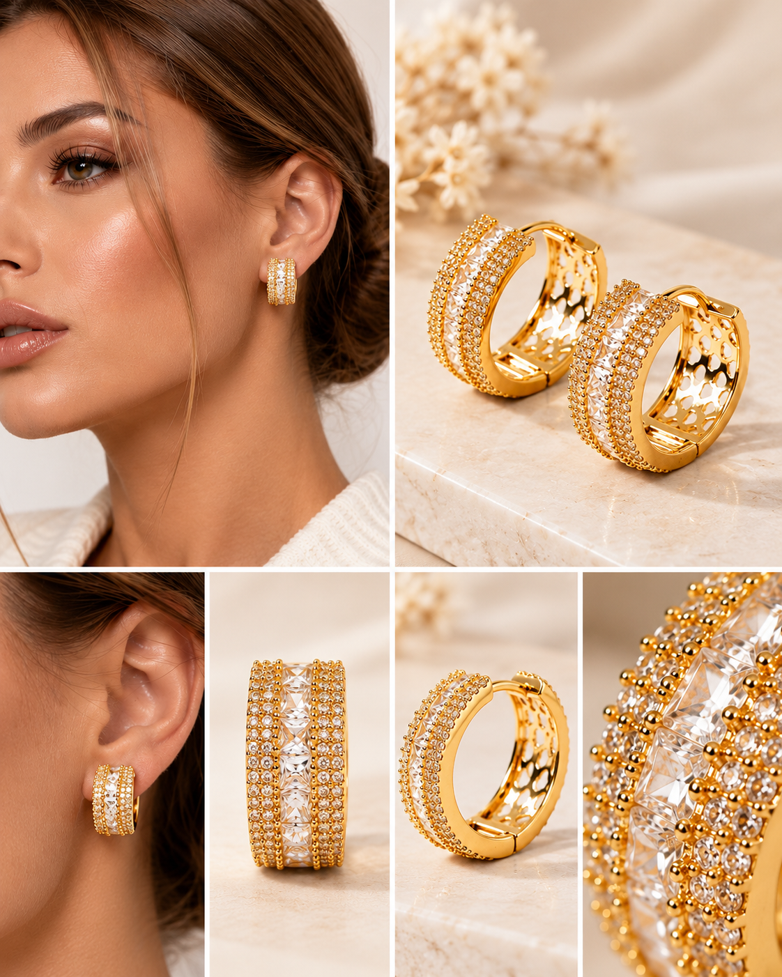 Boucles d’oreilles dorées Éclat Céleste – vue portée – Gilles de Beaumont