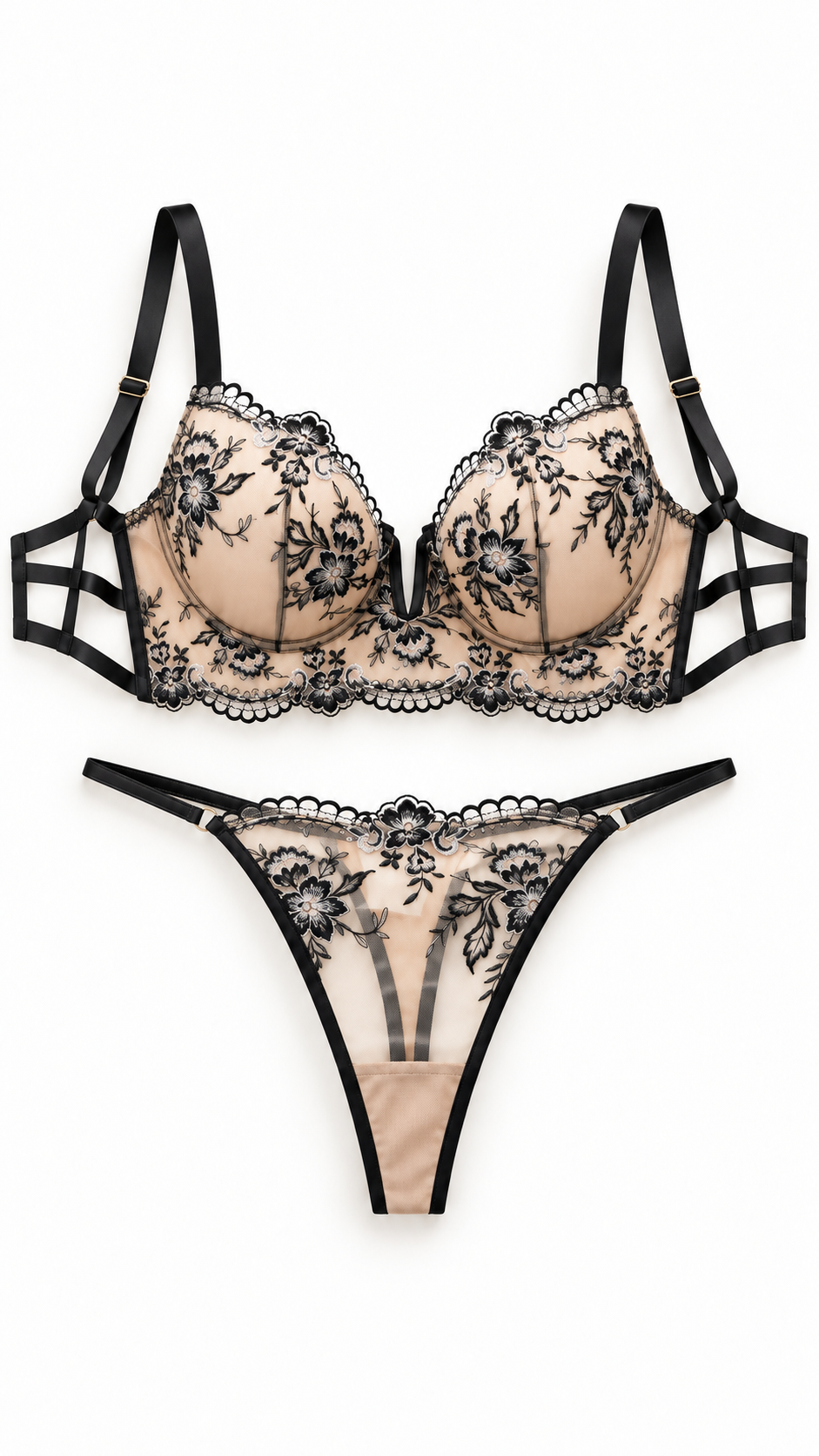 Ensemble lingerie femme brodé noir et nude – vue de face – Gilles de Beaumont