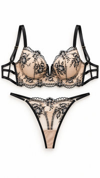 Ensemble lingerie femme brodé noir et nude – vue de face – Gilles de Beaumont