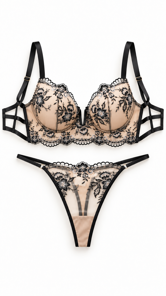 Ensemble lingerie femme brodé noir et nude – vue de face – Gilles de Beaumont