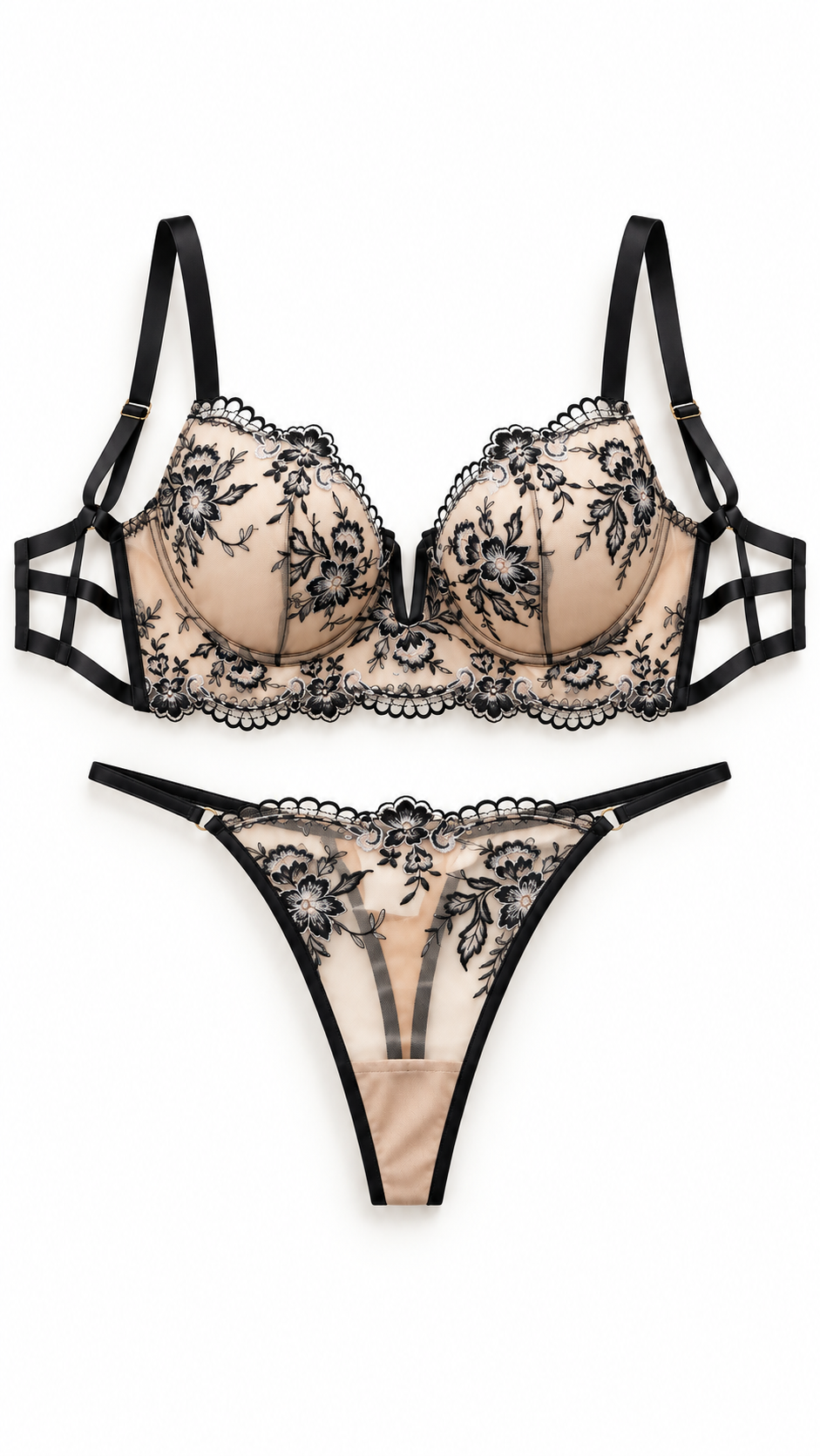 Ensemble lingerie brodé noir et nude – présentation deux pièces – Gilles de Beaumont
