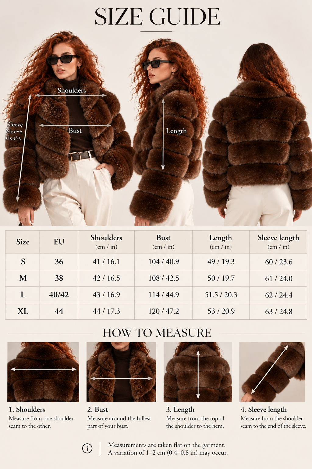 Guide des tailles de la veste en fourrure marron pour femme – Gilles de Beaumont