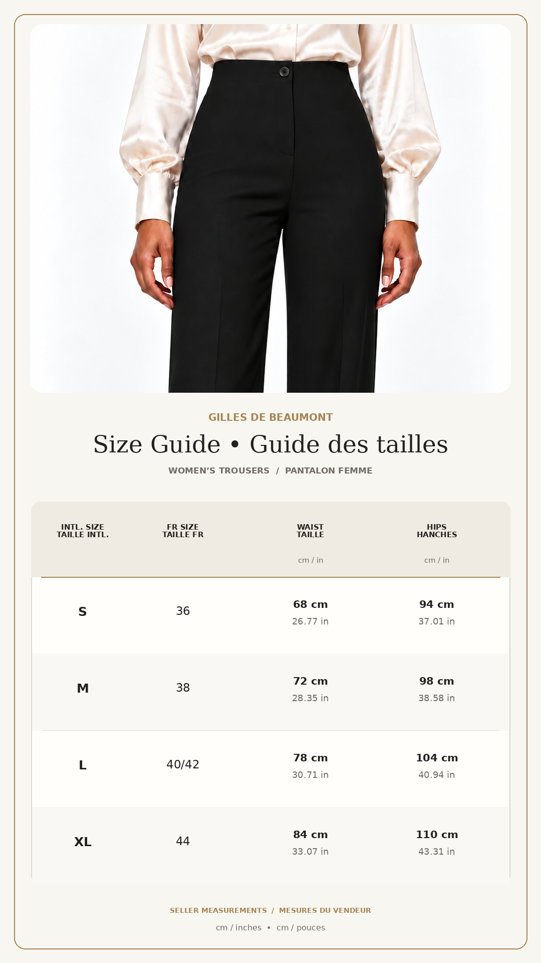 Guide des tailles du pantalon Ligne Noire – S à XL, mesures taille et hanches