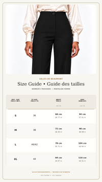 Guide des tailles du pantalon Ligne Noire – S à XL, mesures taille et hanches