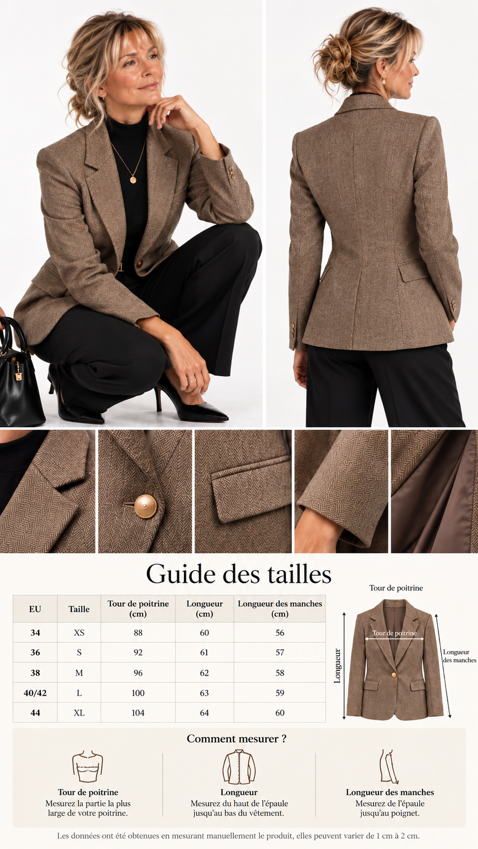 Blazer femme court en laine mélangée Héritage Gris – coloris marron – Gilles de Beaumont