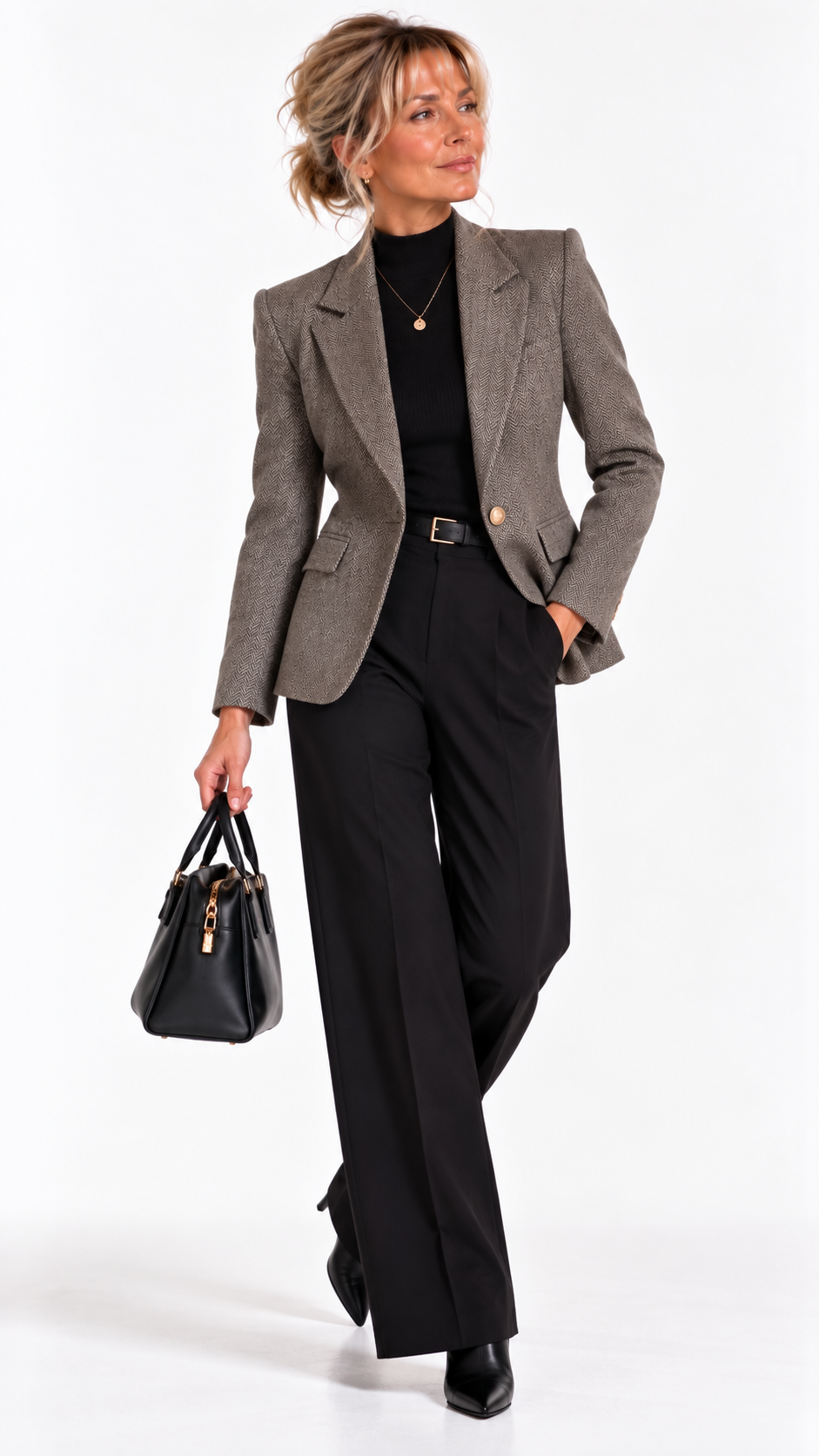 Blazer femme court en laine mélangée Héritage Gris – vue portée – Gilles de Beaumont
