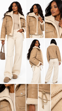 Détails de la veste femme kaki effet daim et finitions moutonnées – Héritage Sable