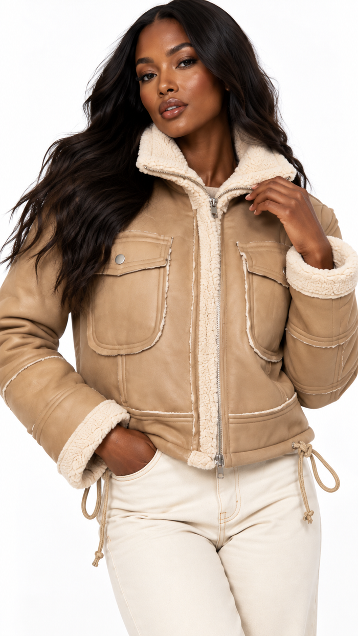 Veste femme courte kaki effet daim portée de face – Héritage Sable – Gilles de Beaumont