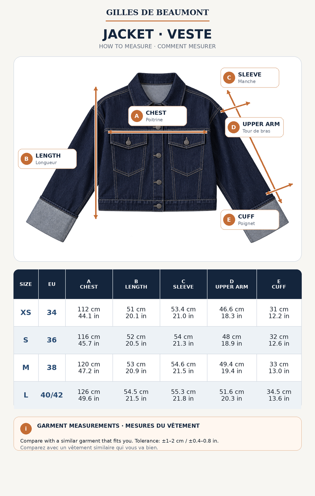 Guide des tailles de l’ensemble femme en denim Ligne Indigo – tableau des mesures 1 – Gilles de Beaumont