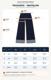 Guide des tailles de l’ensemble femme en denim Ligne Indigo – tableau des mesures 2 – Gilles de Beaumont