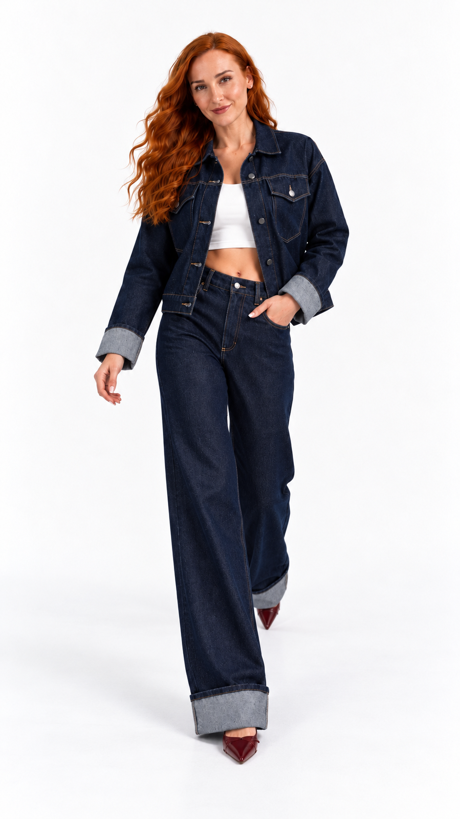 Ensemble femme en denim Ligne Indigo – détails du denim – Gilles de Beaumont