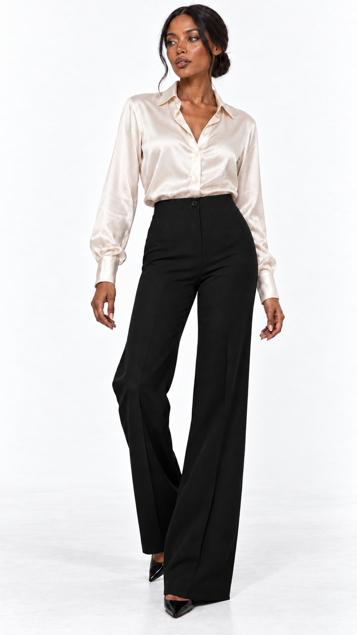Pantalon noir femme taille haute à jambes larges porté de face – Ligne Noire