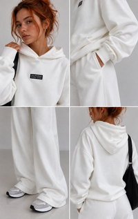 Détails du sweat à capuche et du pantalon écru – Nuage Urbain