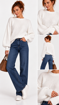 Pull femme blanc en maille coupe ample – silhouette entière – Gilles de Beaumont