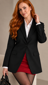 Chaqueta elegante estructurada de mujer en microfibra con escote en V, solapas y un solo botón